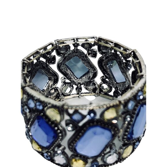 Vintage Silver Tone With Blue, Clear And Yellow Rhinestones Stretch Bracelet (53 - Picture 6 of 8
